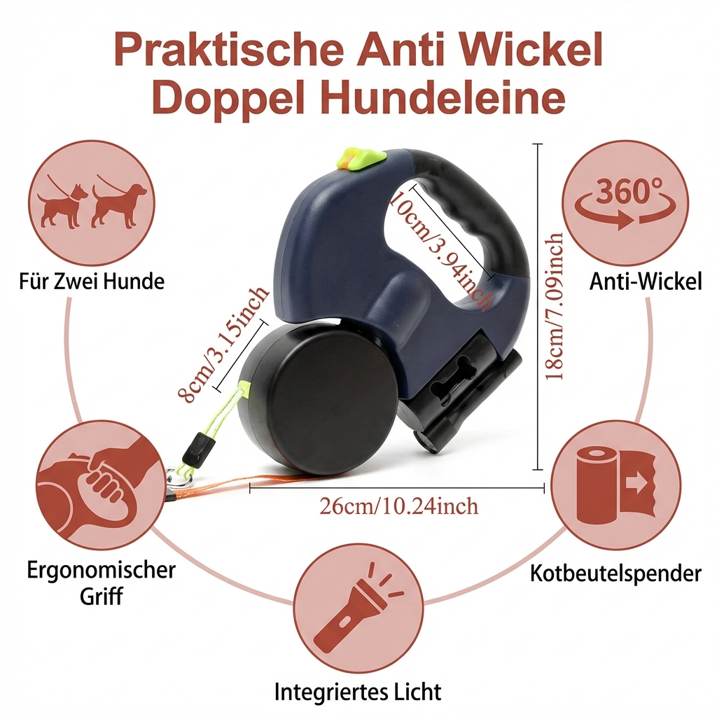 Anti-Wickel Doppel Hundeleine – verstellbar für zwei Hunde