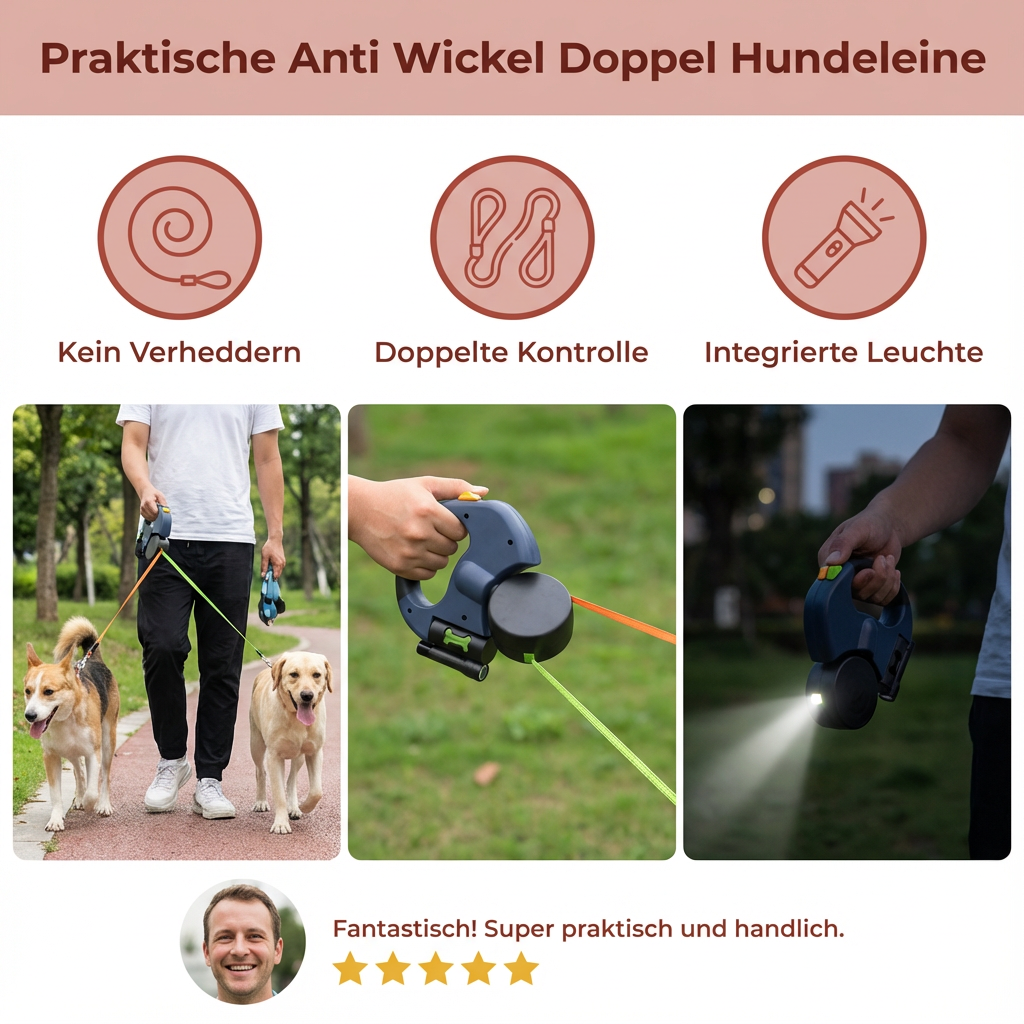 Anti-Wickel Doppel Hundeleine – verstellbar für zwei Hunde