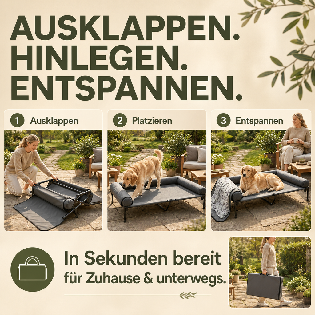 PurePet 2-in-1 erhöhtes Hundebett in Grau mit Plüschpolster, faltbar für drinnen & draußen.