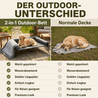Golden Retriever auf grauem, erhöhtem Hundebett mit Plüschpolster im Garten, Vergleich zu Decke.