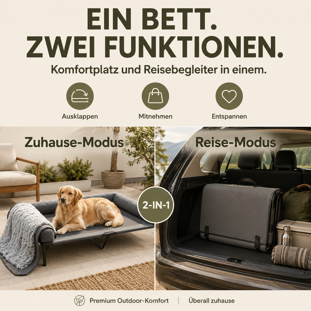 Graues, erhöhtes PurePet Hundebett mit Plüschpolster und Decke, daneben zusammengeklappt im Kofferraum.
