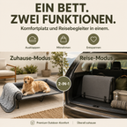 Graues, erhöhtes PurePet Hundebett mit Plüschpolster und Decke, daneben zusammengeklappt im Kofferraum.