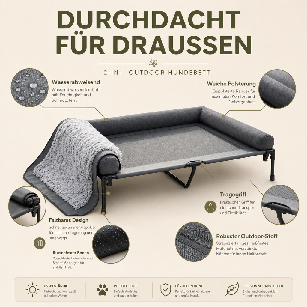 Graues, erhöhtes PurePet 2-in-1 Outdoor-Hundebett mit abnehmbarem Plüschpolster und wasserabweisendem Stoff.