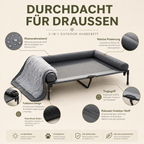 Graues, erhöhtes PurePet 2-in-1 Outdoor-Hundebett mit abnehmbarem Plüschpolster und wasserabweisendem Stoff.