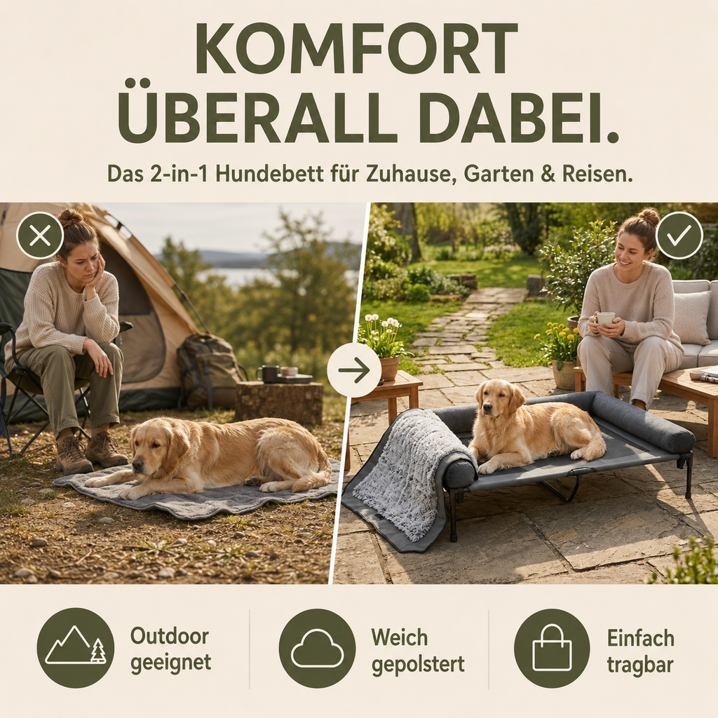 Golden Retriever auf grauem, erhöhtem Hundebett mit Plüschpolster im Garten.