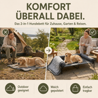 Golden Retriever auf grauem, erhöhtem Hundebett mit Plüschpolster im Garten.