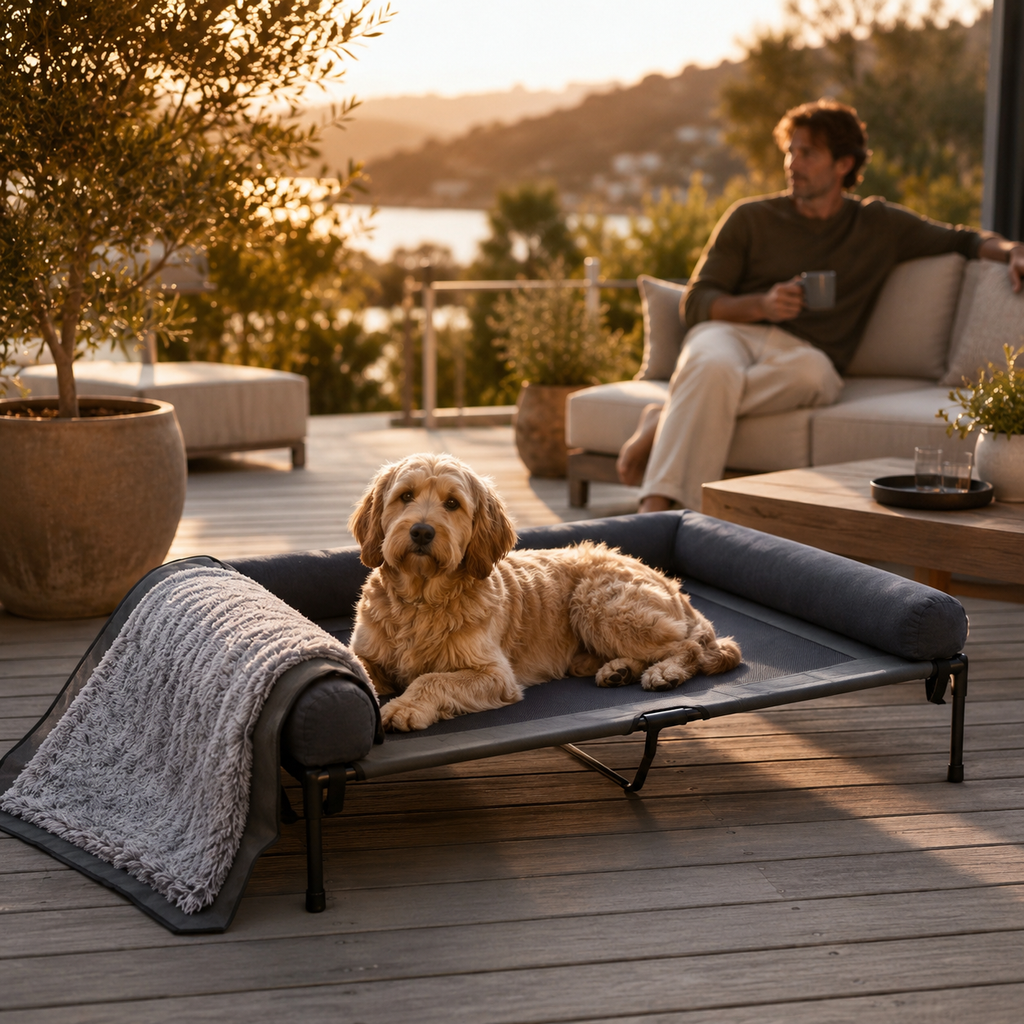 Beiges Hund auf dunkelgrauem, erhöhtem PurePet Hundebett mit Plüschpolster auf Holzterrasse.