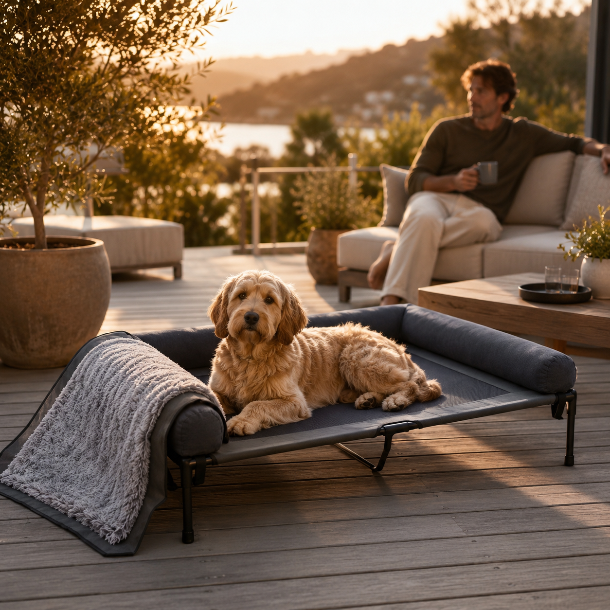 Beiges Hund auf dunkelgrauem, erhöhtem PurePet Hundebett mit Plüschpolster auf Holzterrasse.