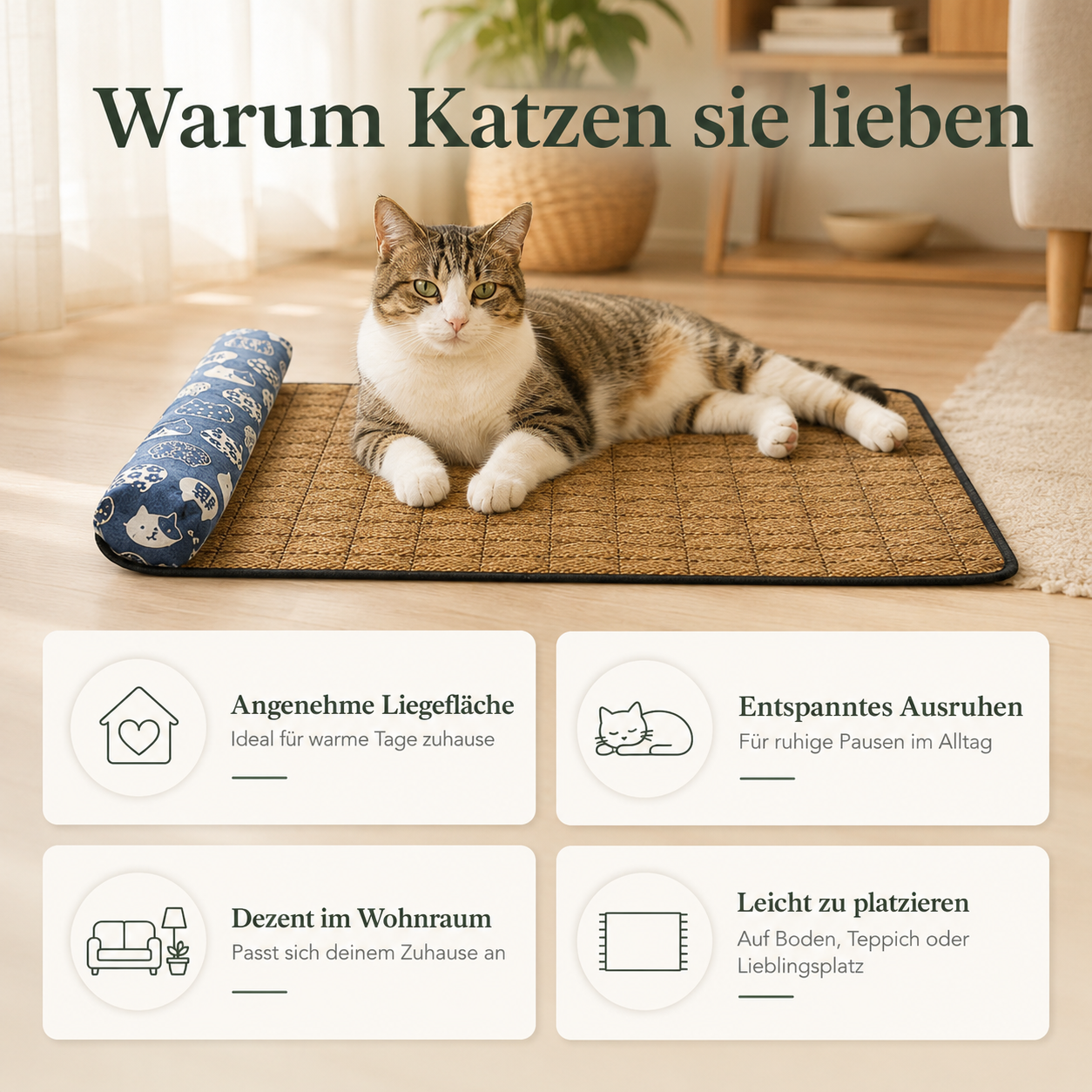 Katzen Liegematte mit Kissenrolle – Weicher Ruheplatz