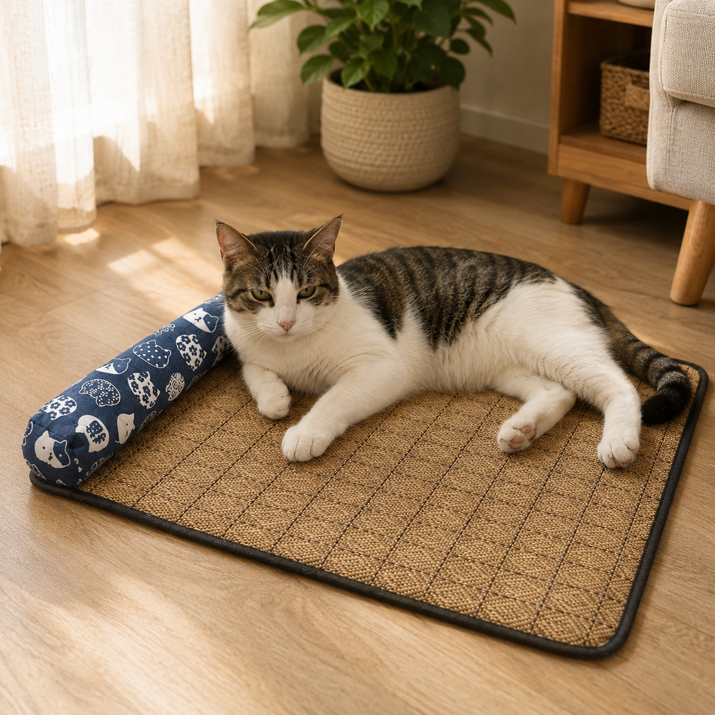 Katzen Liegematte mit Kissenrolle – Weicher Ruheplatz