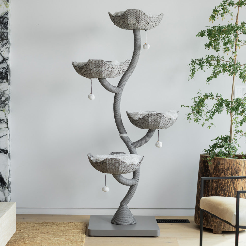 Katzenbaum aus Naturholz – Katzenkratzbaum mit Rattanbett, Kratzstamm aus Hanfseil und Kletterplatz für Katzen