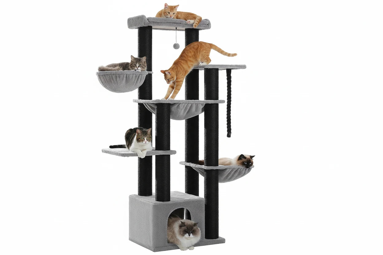 Großer Kratzbaum für große Katzen – robuster Katzenturm mit Hängematte, großer Liegefläche und Kratzstämmen