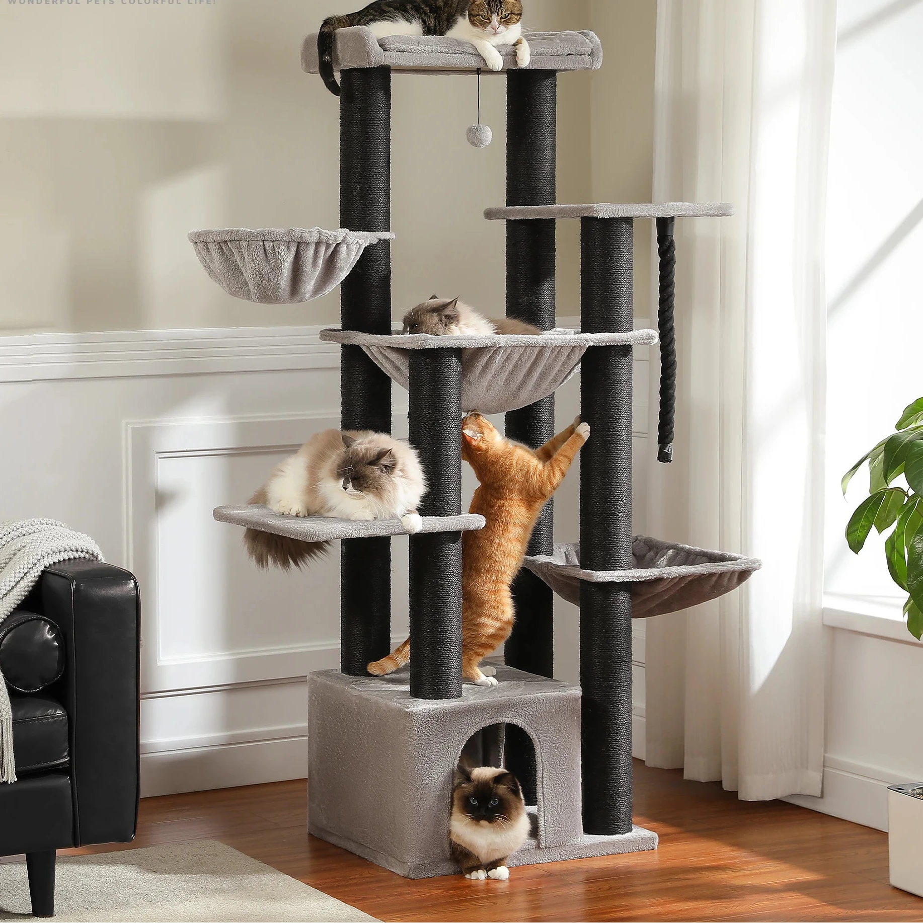 Großer Kratzbaum für große Katzen – robuster Katzenturm mit Hängematte, großer Liegefläche und Kratzstämmen